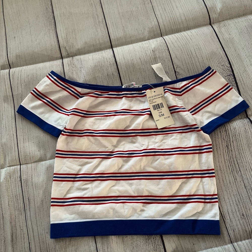 Fashinova Striped Off-Shoulder Crop Top with red, blue and white. Brand NEW!